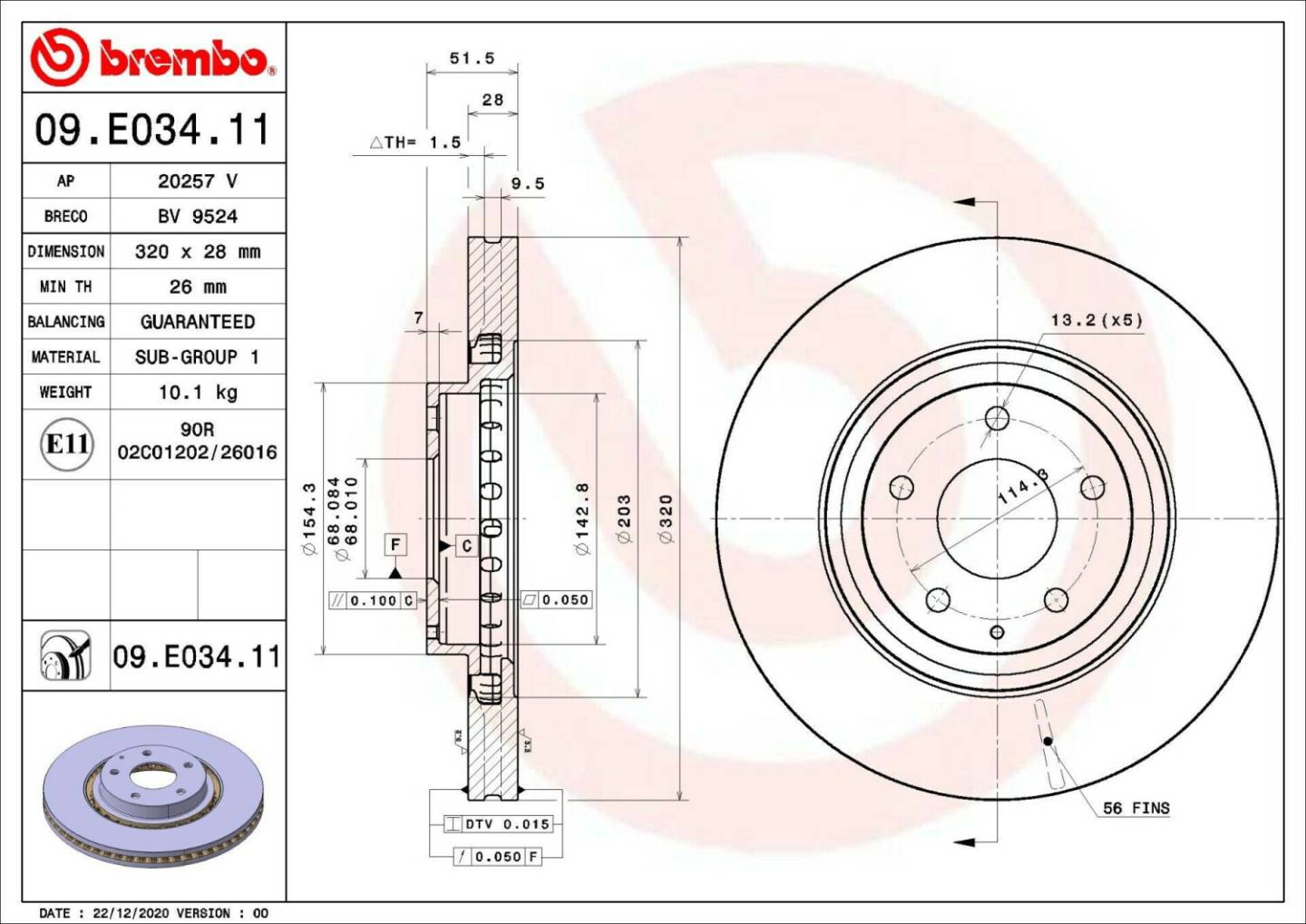 Auto-Bremsanlagen Brembo Bremsscheibe innenbelüftet vorne Rechts Links für MAZDA Cx-5 Cx-9 (09.E034.11)